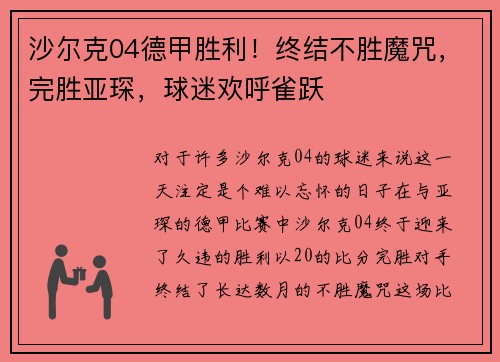 沙尔克04德甲胜利！终结不胜魔咒，完胜亚琛，球迷欢呼雀跃